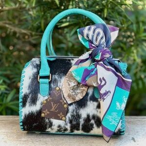 Louis Vuitton Black and White Satchel with Teal Details